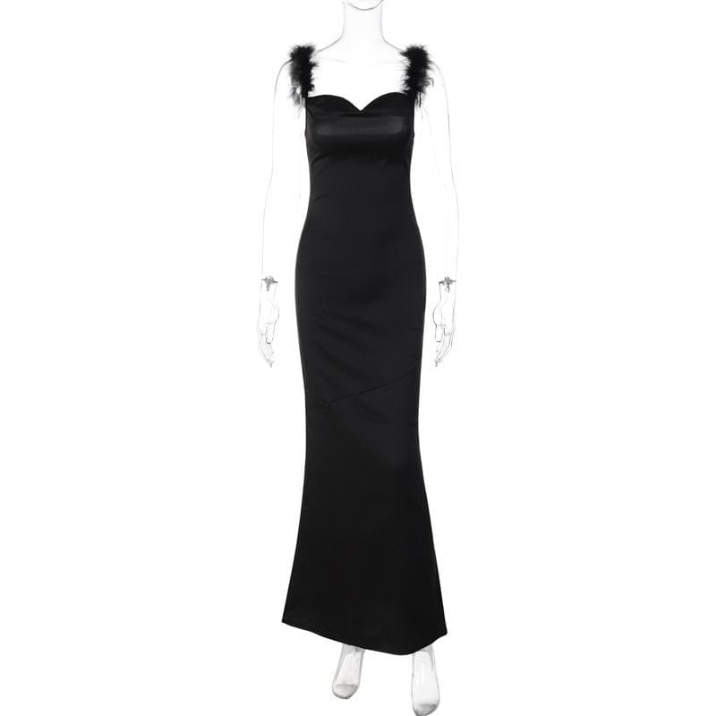 Feather cowl neck ruched solid backless maxi dress 2