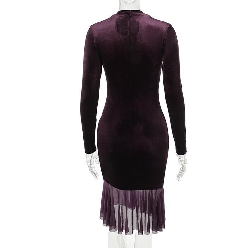 Velvet button ruffle long sleeve v neck solid midi dress - View 4