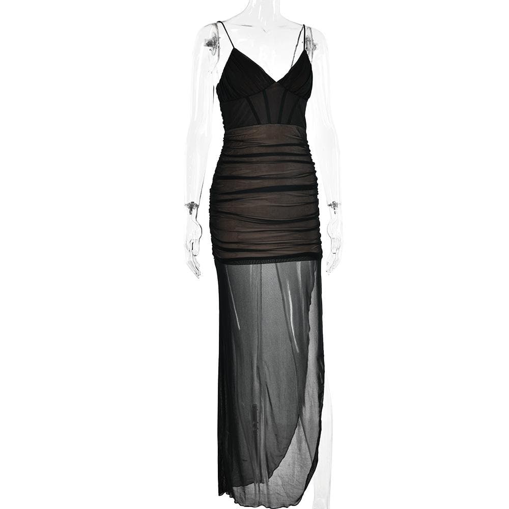 Mesh v neck ruched slit zip-up spaghetti strap maxi dress 10