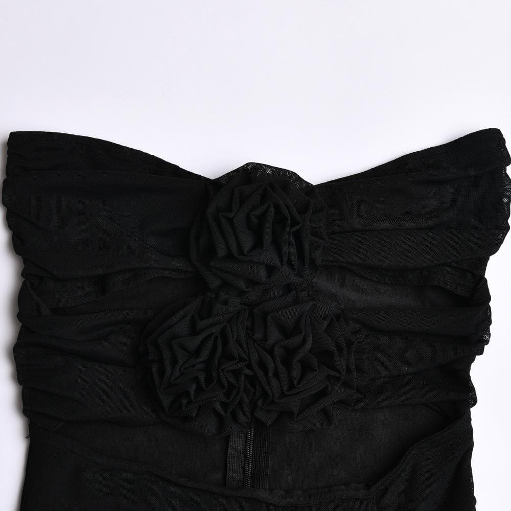 Mesh Strapless Flower Applique Cut Out High Split Maxi Dress