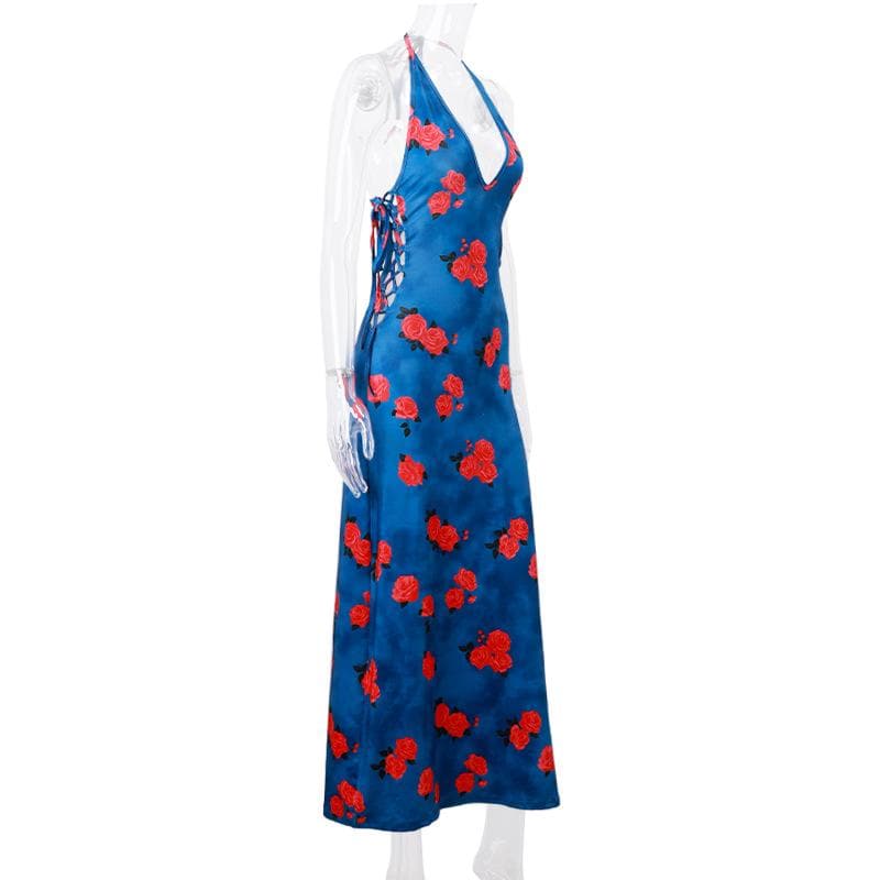 Floral Deep V-Neck Lace Up Backless Slip Maxi Dress