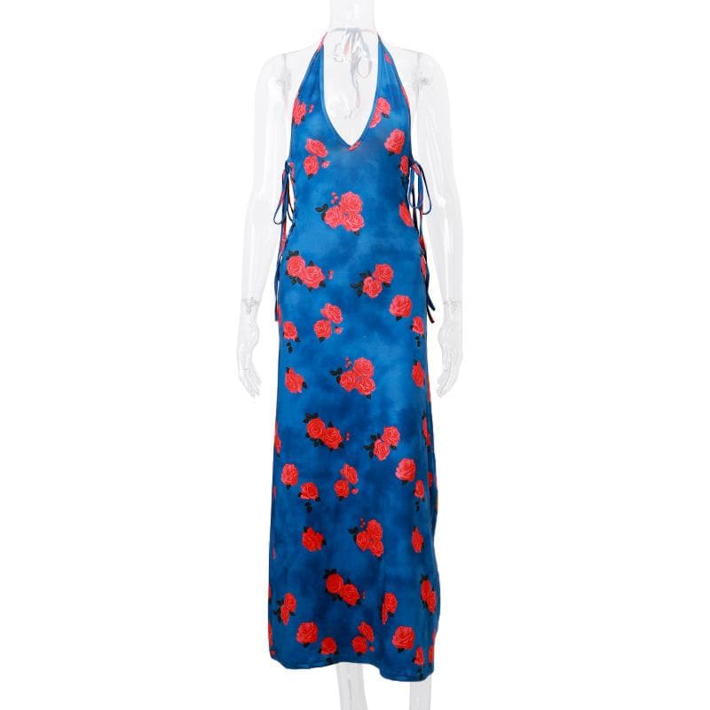 Floral Deep V-Neck Lace Up Backless Slip Maxi Dress