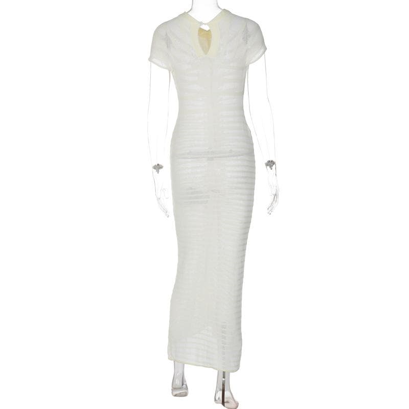 Short Sleeve Open Knit Pointelle Striped Bodycon Maxi Dress