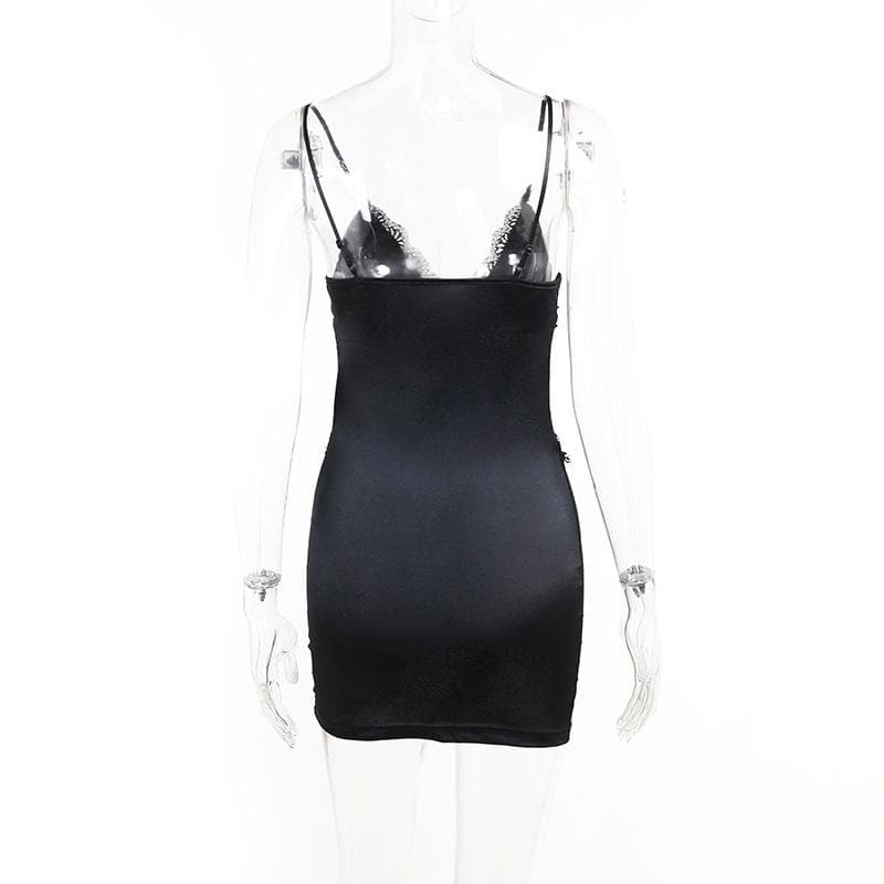 Satin V-Neck Lace Trim Corset Bodycon Mini Dress