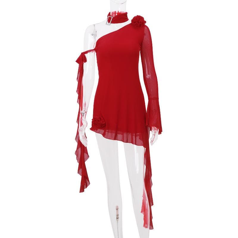 One Shoulder Flared Sleeve Mesh Flower Applique Ruffle Mini Dress
