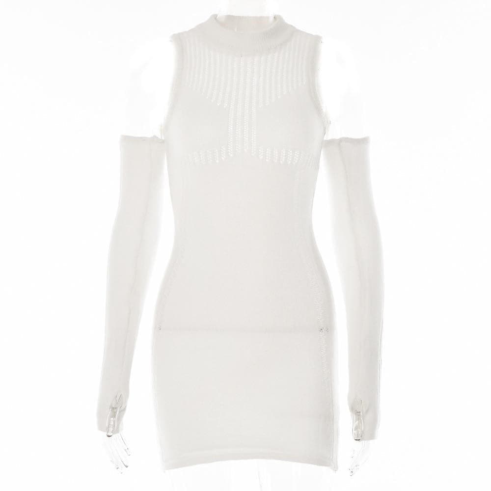 Long sleeve solid off shoulder crochet hollow out mini dress - View 10
