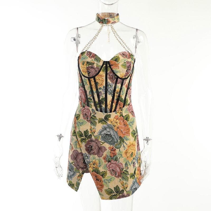 Floral Halter Neck Corset High Split Mini Dress