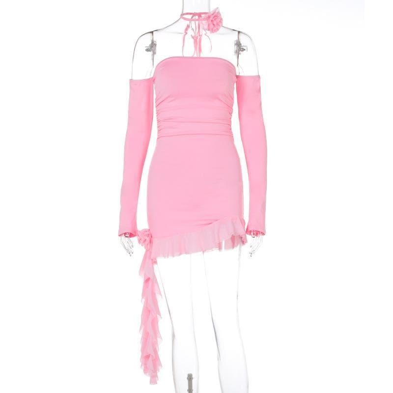 Off Shoulder Long Sleeve Ruched Ruffle Hem Bodycon Mini Dress