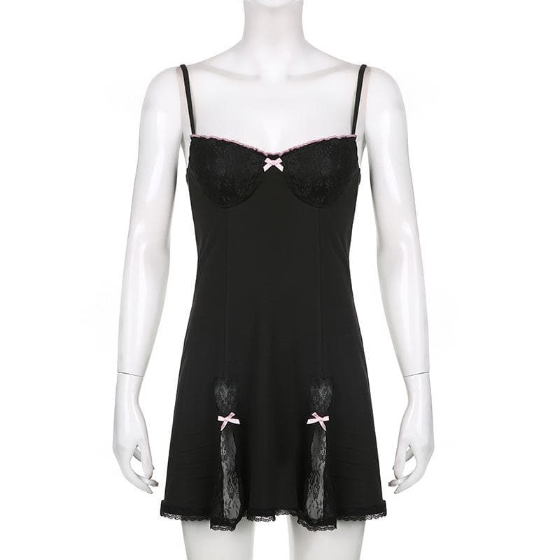 Low cut bowknot lace ruffled cami A line dress 4