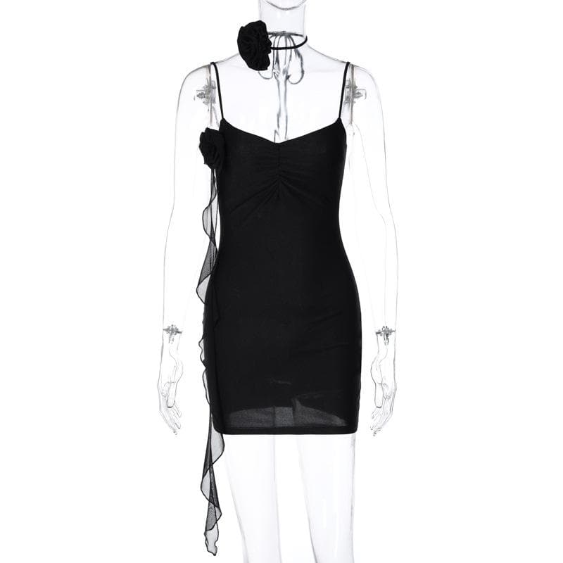 Satin V-Neck Flower Applique Ruched Bodycon Mini Dress