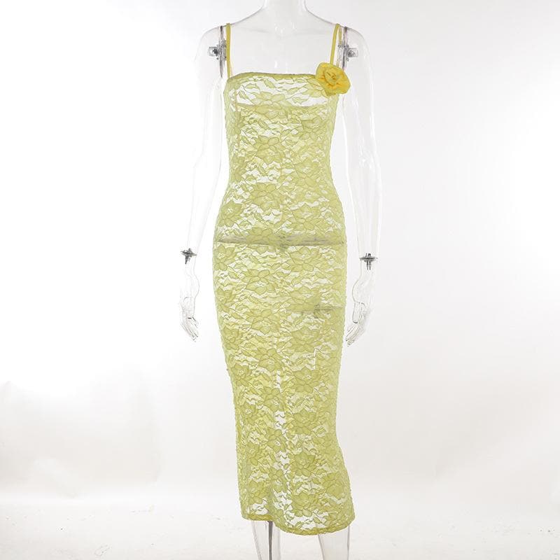 Lace Square Neck Spaghetti Strap Side Slit Bodycon Maxi Dress