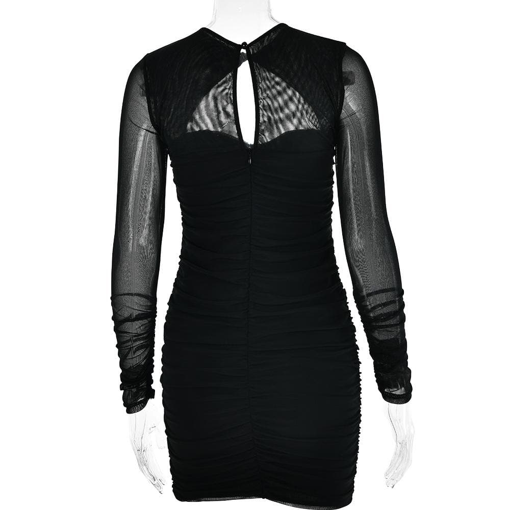 Hollow out ruched mesh long sleeve zip-up button mini dress 6