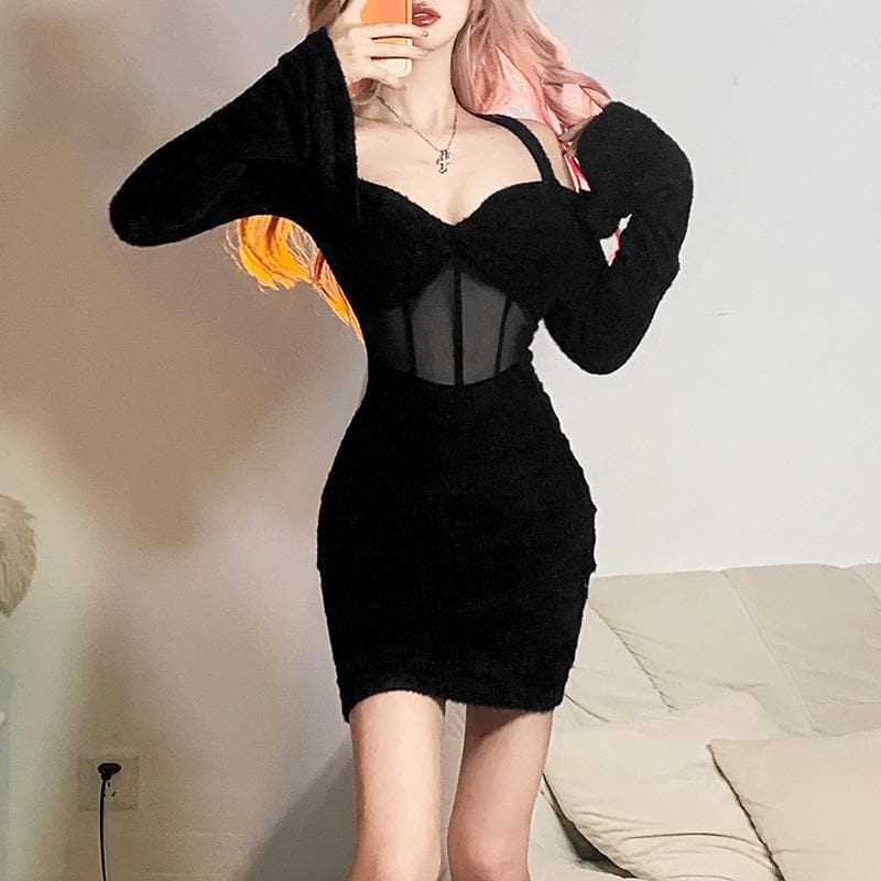 Mesh Sweetheart Long Sleeve Corset Bodycon Mini Dress