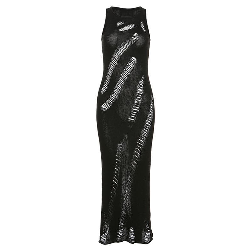 Knit Ladder Cut Out Sleeveless Crew Neck Bodycon Maxi Dress
