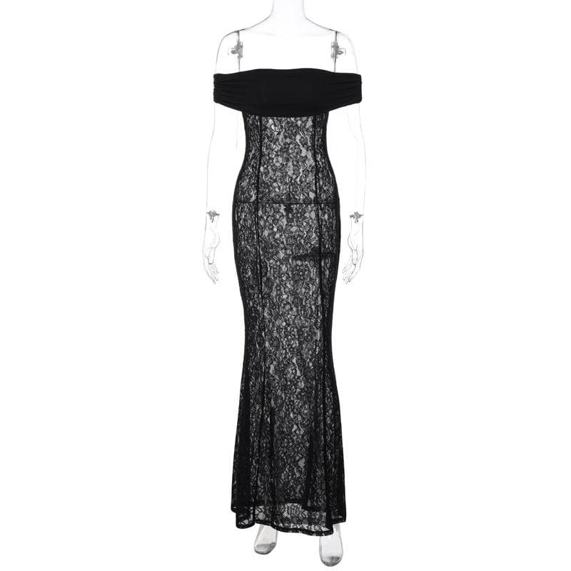Lace off shoulder see through solid ruched maxi dress 8