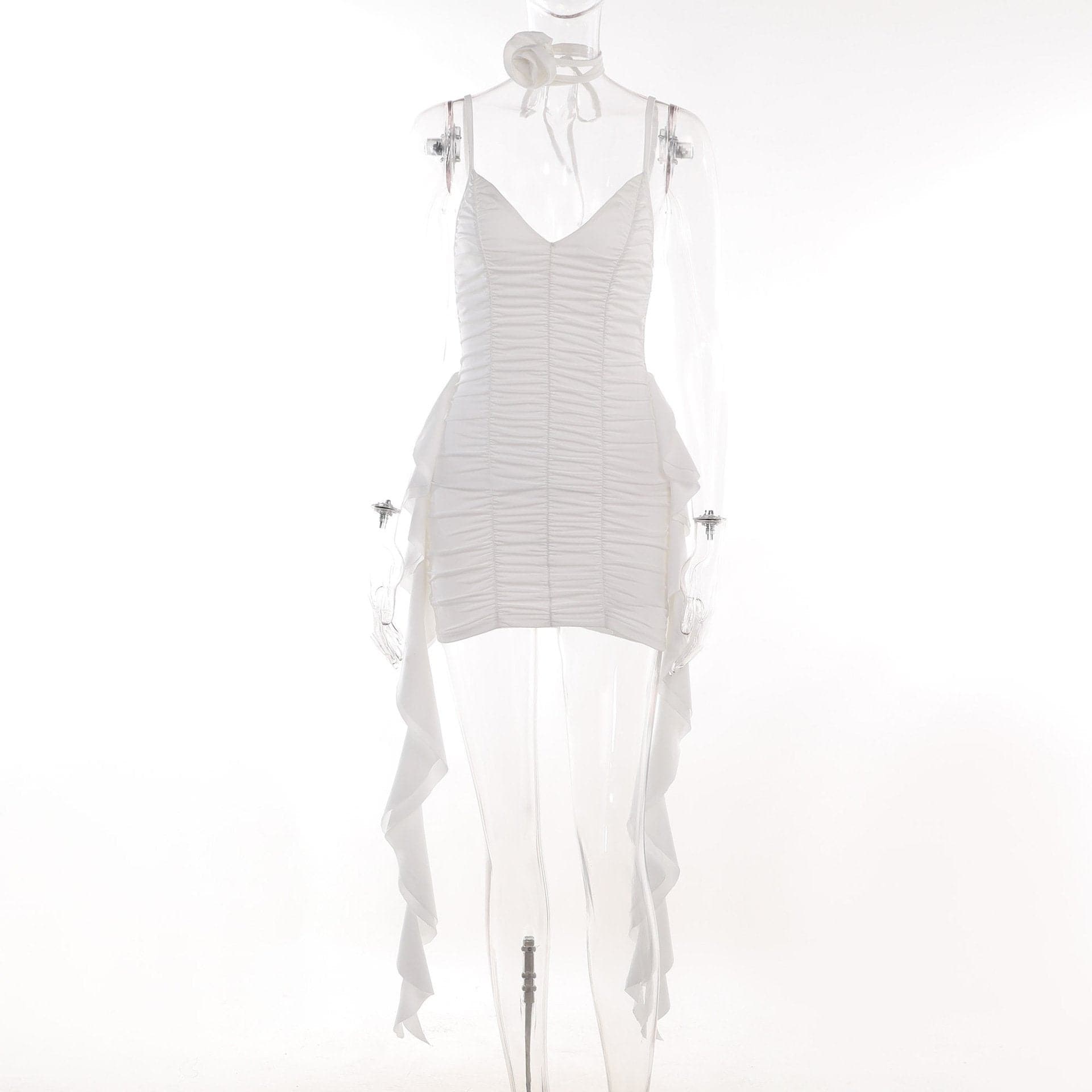 V-Neck Spaghetti Strap Ruched Bodycon Mini Dress