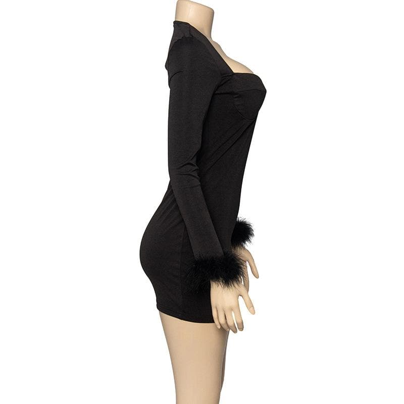 Feather Patchwork Long Sleeve Low Cut Mini Dress