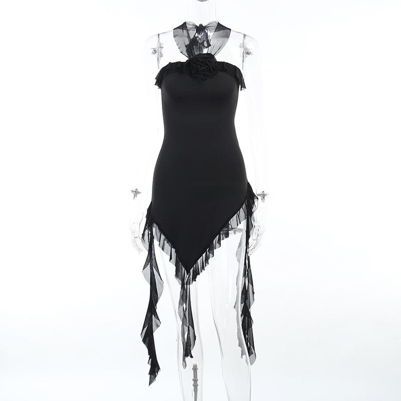 Strapless Flower Applique Ruffle Asymmetric Mini Dress