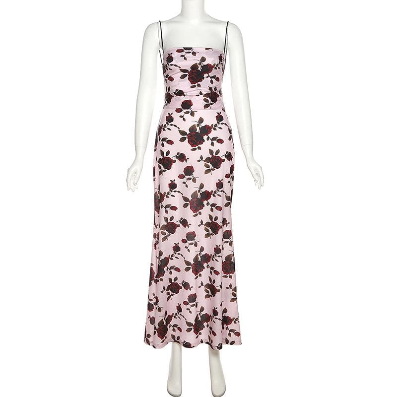 Floral Print Square Neck Spaghetti Strap Ruched Slip Maxi Dress