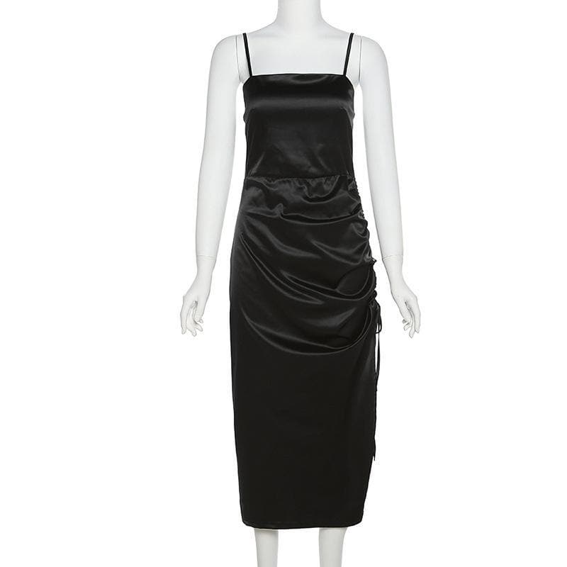 Square neck drawstring ruched slit satin midi dress - View 7