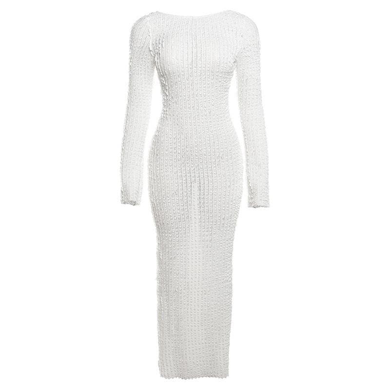 Textured slit ruffle long sleeve solid crewneck maxi dress