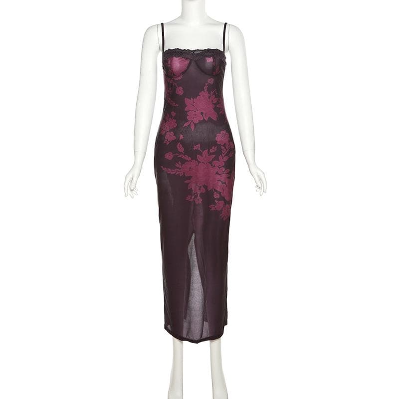 Floral Print Spaghetti Strap Lace Trim Bustier Mermaid Maxi Dress