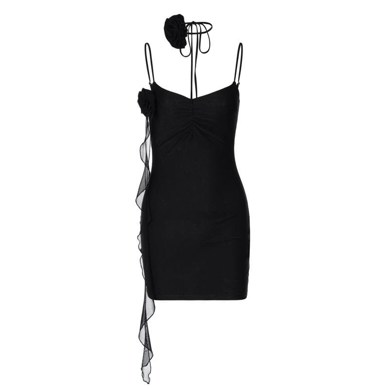 Satin V-Neck Flower Applique Ruched Bodycon Mini Dress