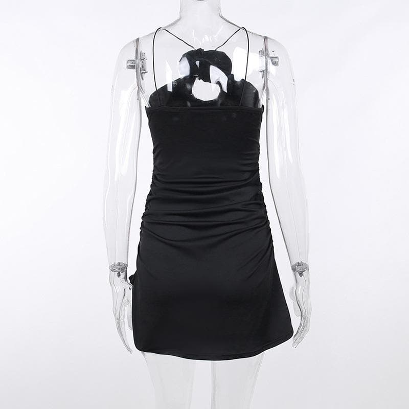 Rosette Appliqué Halter Cut Out Ruched Bodycon Mini Dress