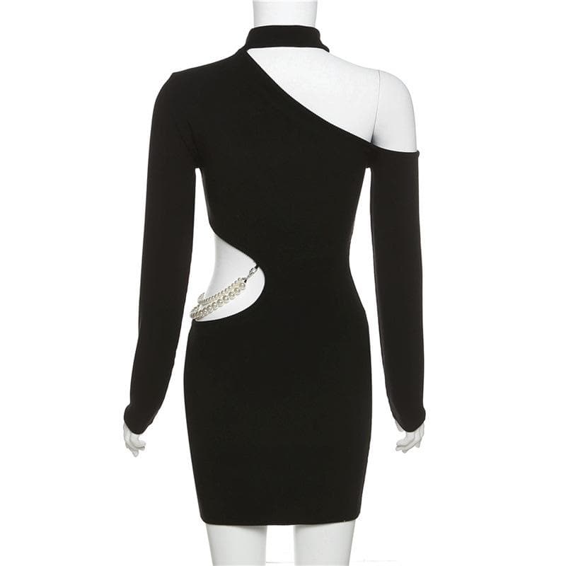 Mock Neck Long Sleeve Asymmetric Shoulder Pearl Chain Side Cut Out Bodycon Mini Dress