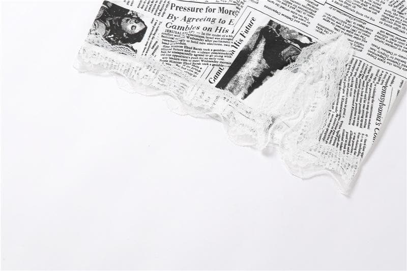 Newspaper Print Lace Trim Spaghetti Strap Sweetheart High Split Mini Dress