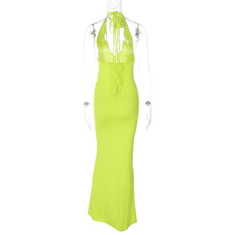 Deep V-Neck Halter Backless Rosette Bodycon Maxi Dress