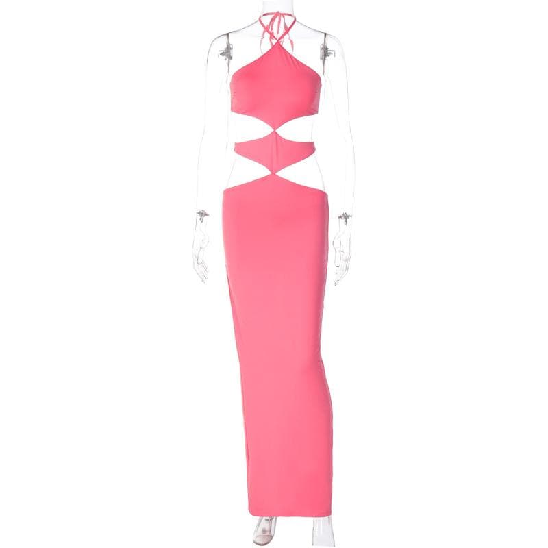 Halter self tie hollow out backless slit maxi dress