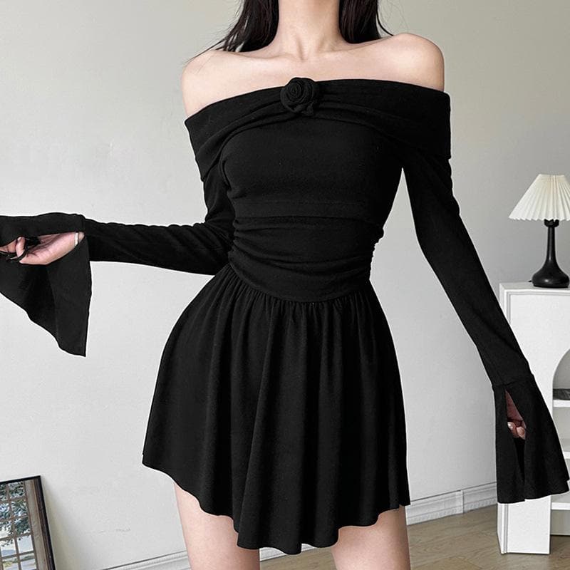 Flower Applique Off Shoulder Long Sleeve Fit and Flare Mini Dress