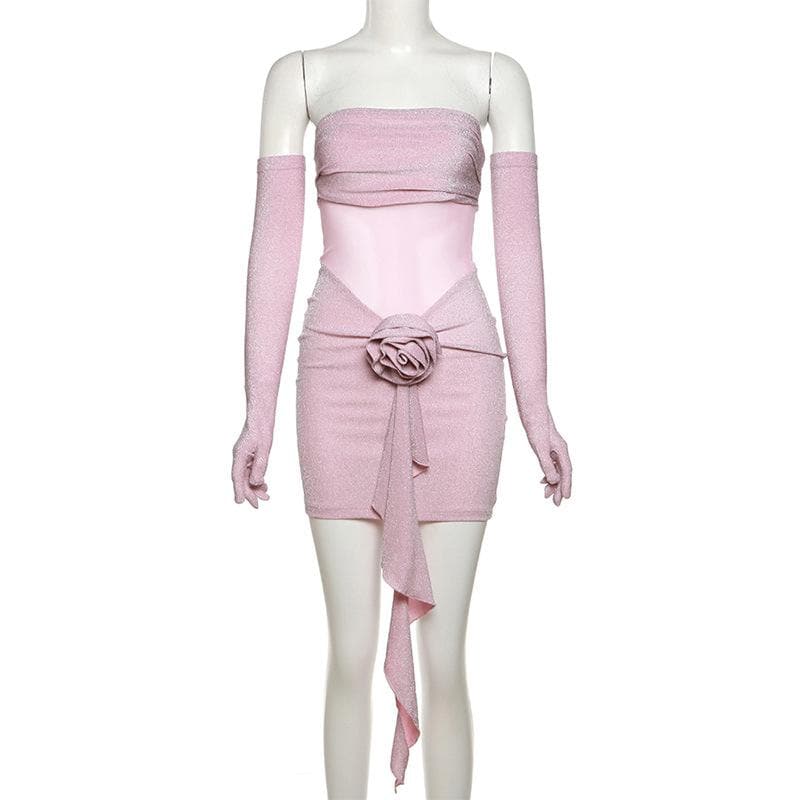 Glitter Strapless Mesh Cut Out Flower Applique Bodycon Mini Dress