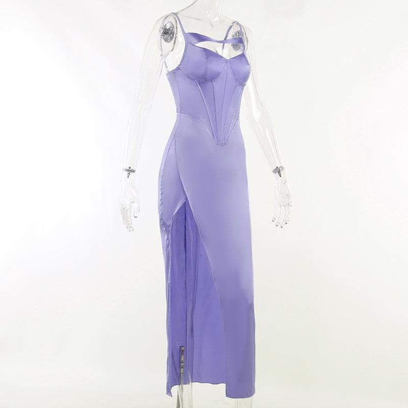 Satin Spaghetti Strap Corset Cut Out High Split Maxi Dress