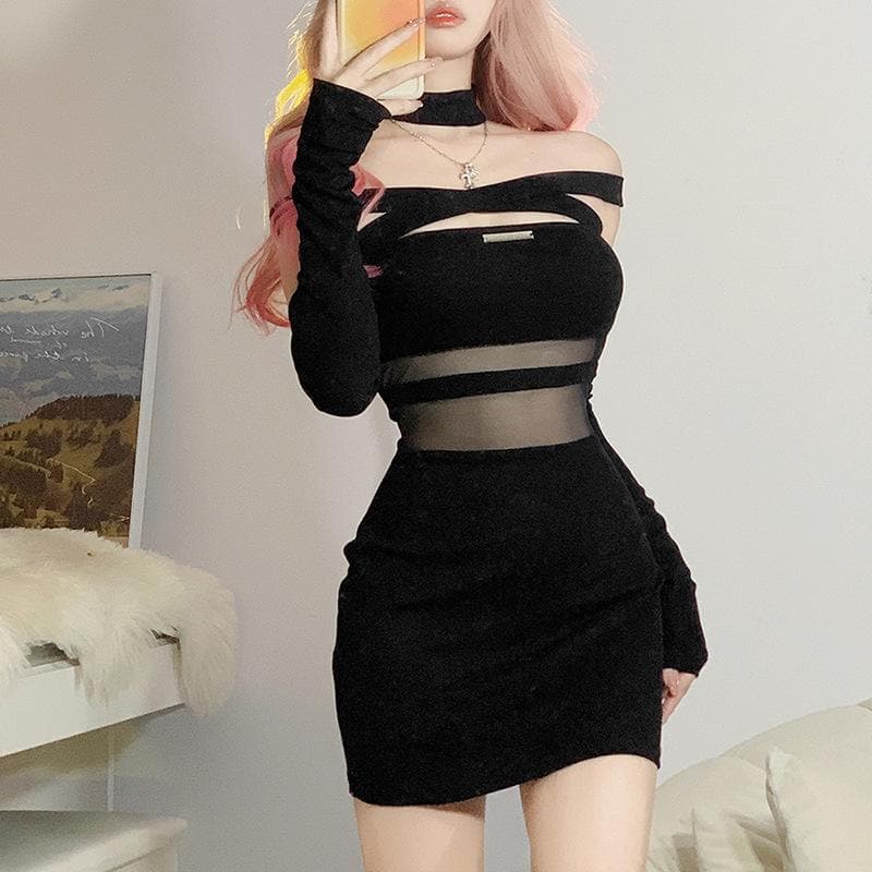 Off Shoulder Cross Strap Mesh Panel Bodycon Mini Dress with Arm Sleeves and Choker 7