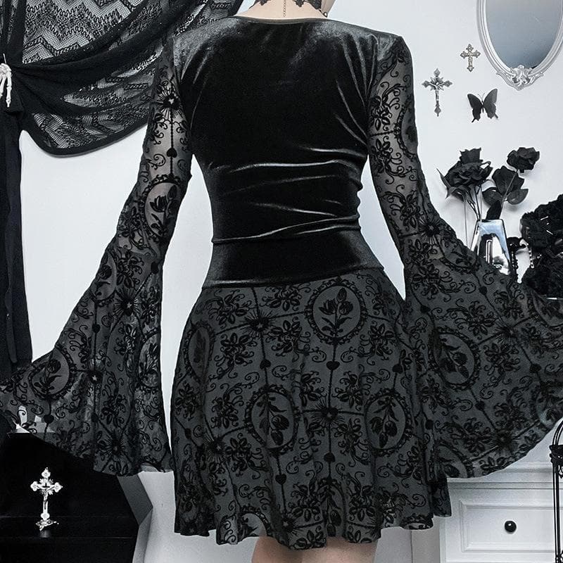 Flared sleeve velvet lace up solid patchwork mini dress - View 4