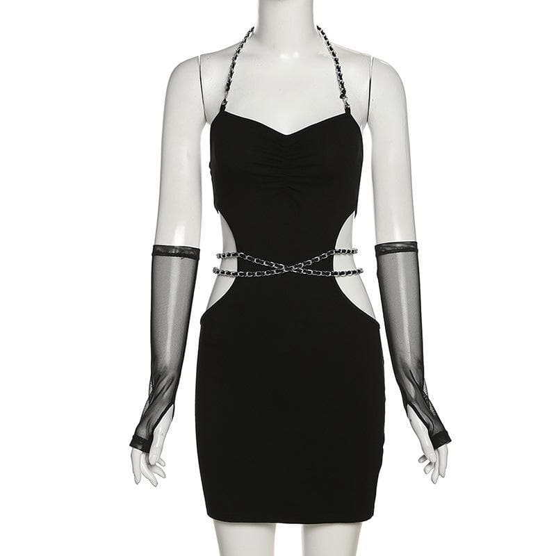 Hollow out side metal chain halter mesh gloves dress - View 2