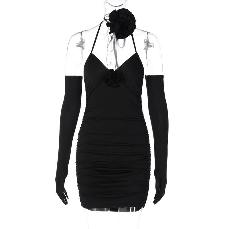 3D Flower Halter Neck Ruched Bodycon Mini Dress