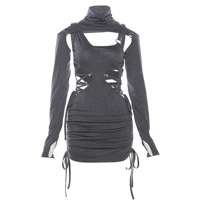Lace up hollow out turtle neck irregular drawstring shrug mini dress - View 9