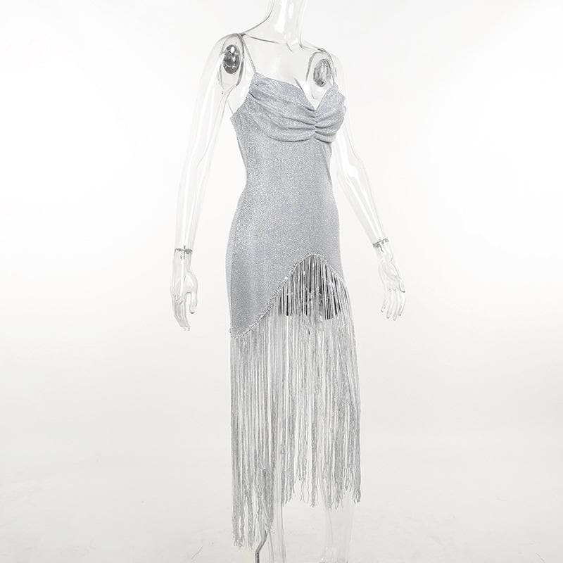 Solid ruched textured glitter tassels backless mini dress 7