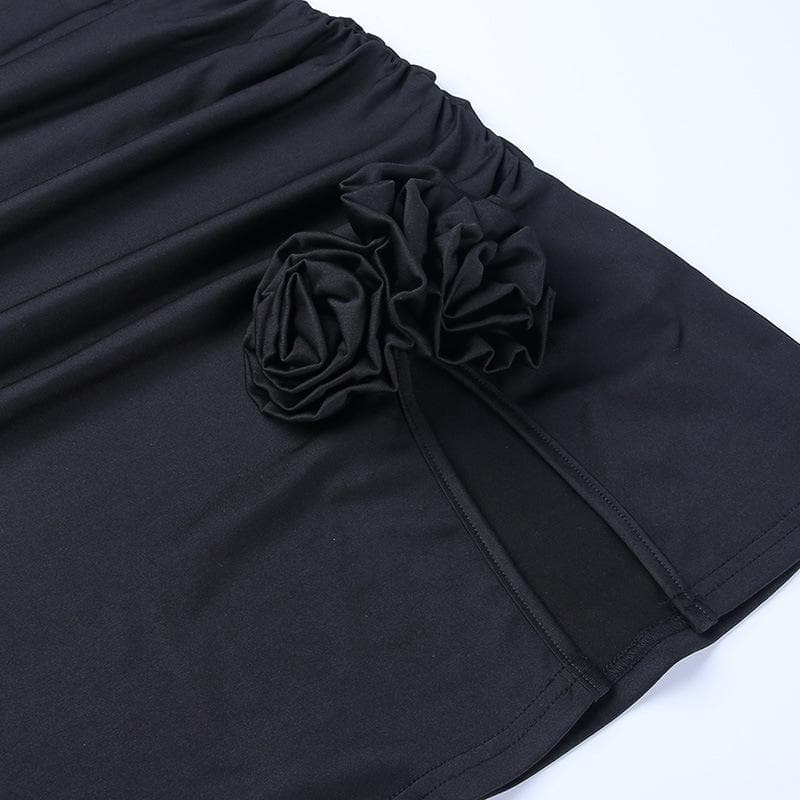 Rosette Appliqué Halter Cut Out Ruched Bodycon Mini Dress