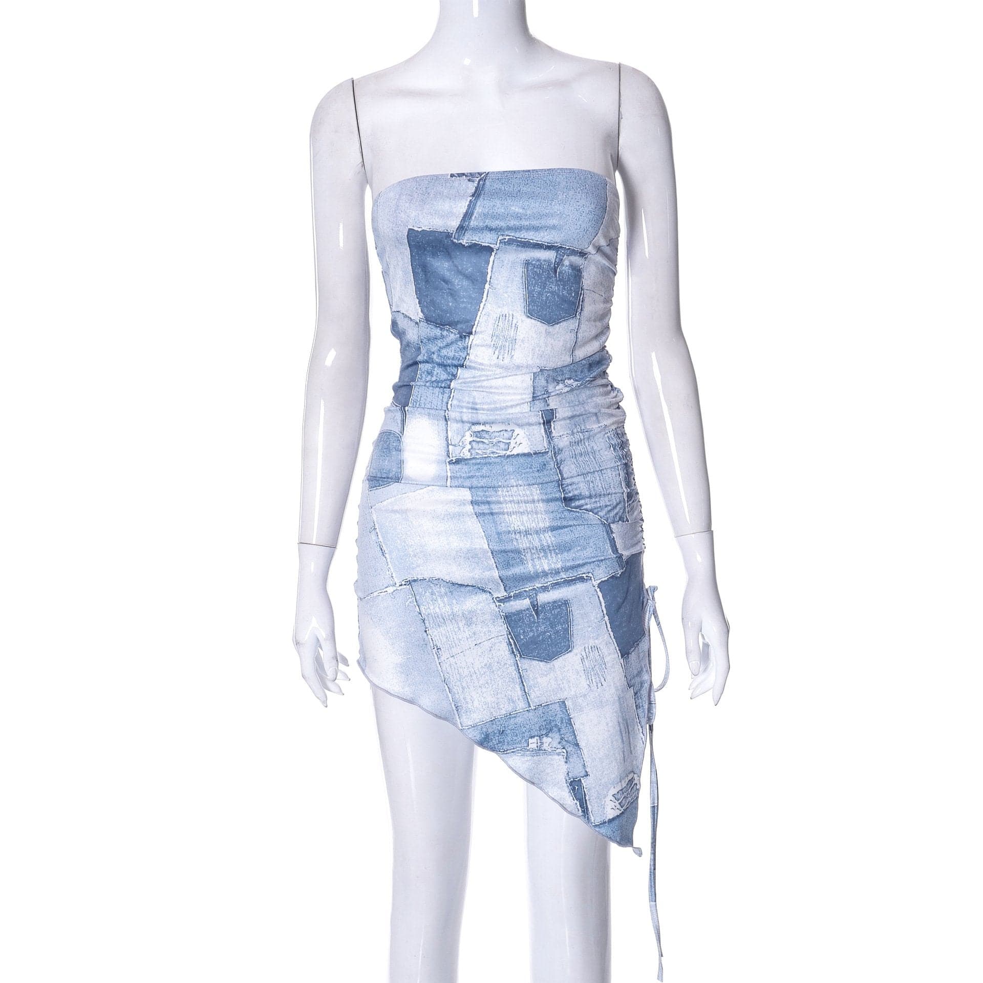 Denim print irregular ruched backless contrast tube mini dress