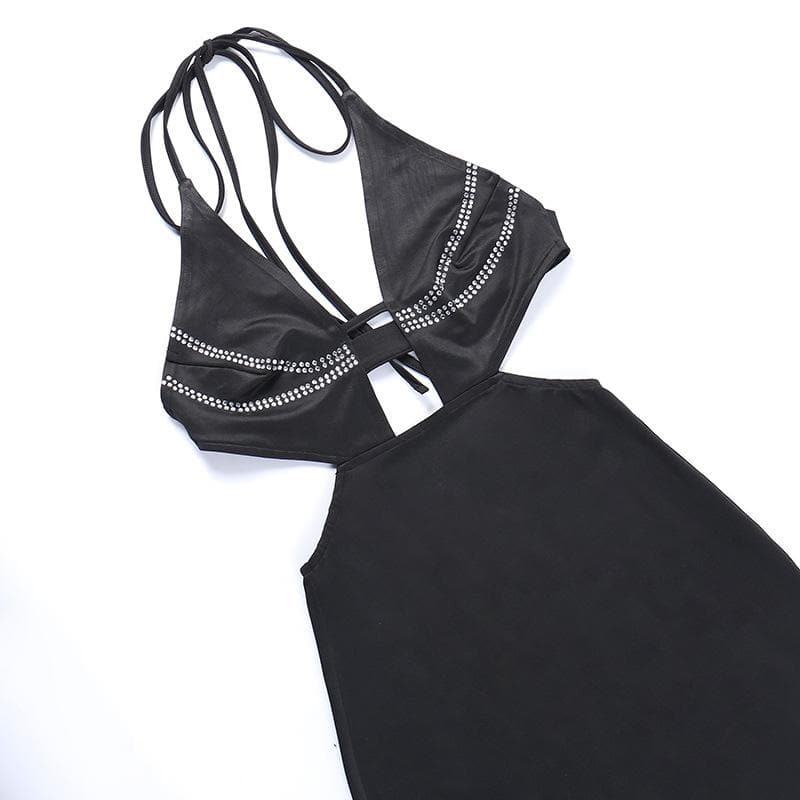 Beaded Halter Neck Cut Out High Split Bodycon Mini Dress