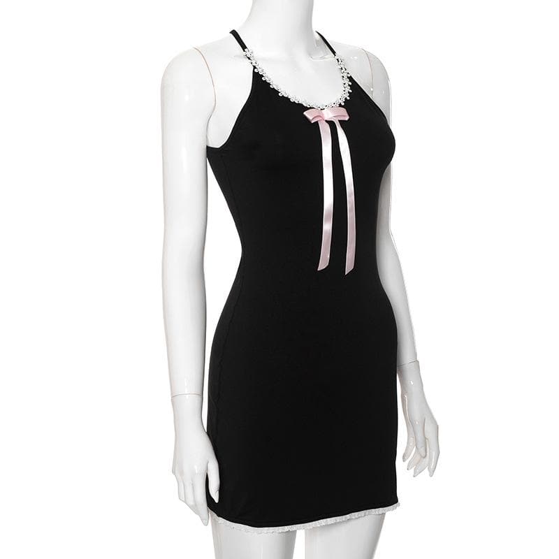 Bowknot ribbon lace hem u neck cross back backless cami mini dress 3