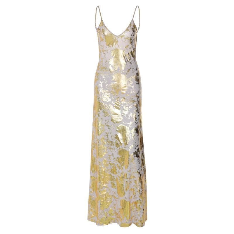 Metallic Foil Print V-Neck Spaghetti Strap Cami Maxi Dress