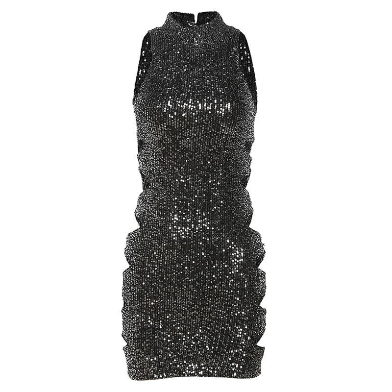 Glitter hollow out high neck button sleeveless mini dress 8