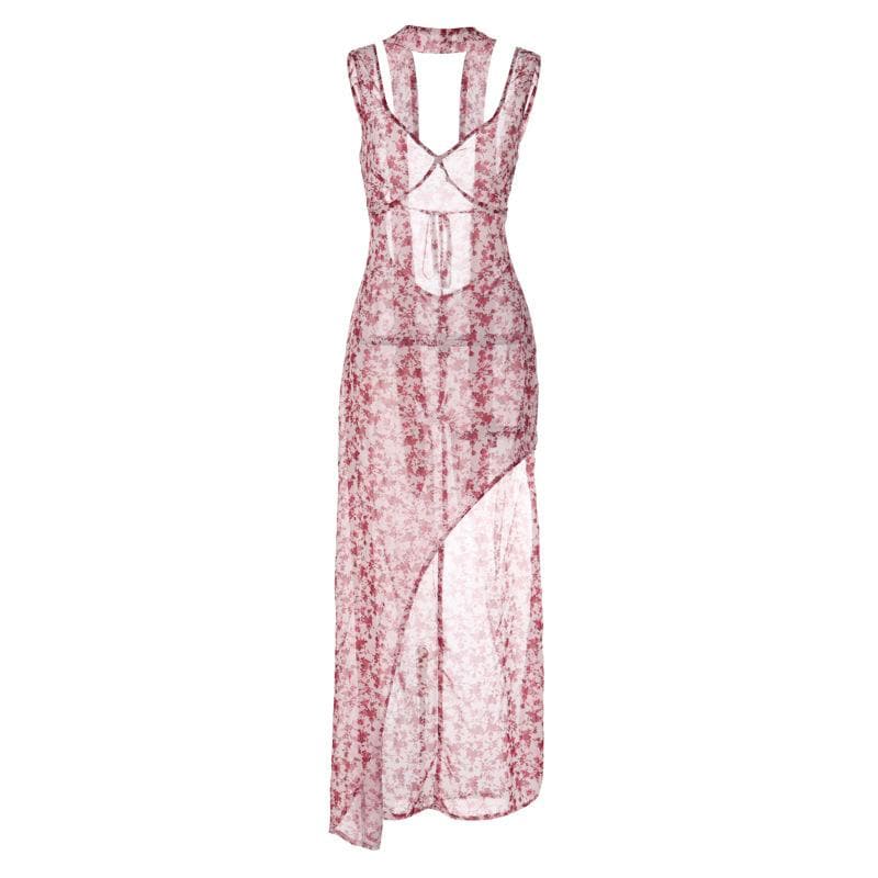 Chiffon flower print contrast backless v neck sleeveless maxi dress 2