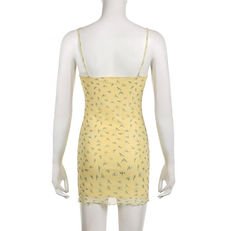 Mesh Floral Print Spaghetti Strap Ruffle Tie Front Bodycon Mini Dress