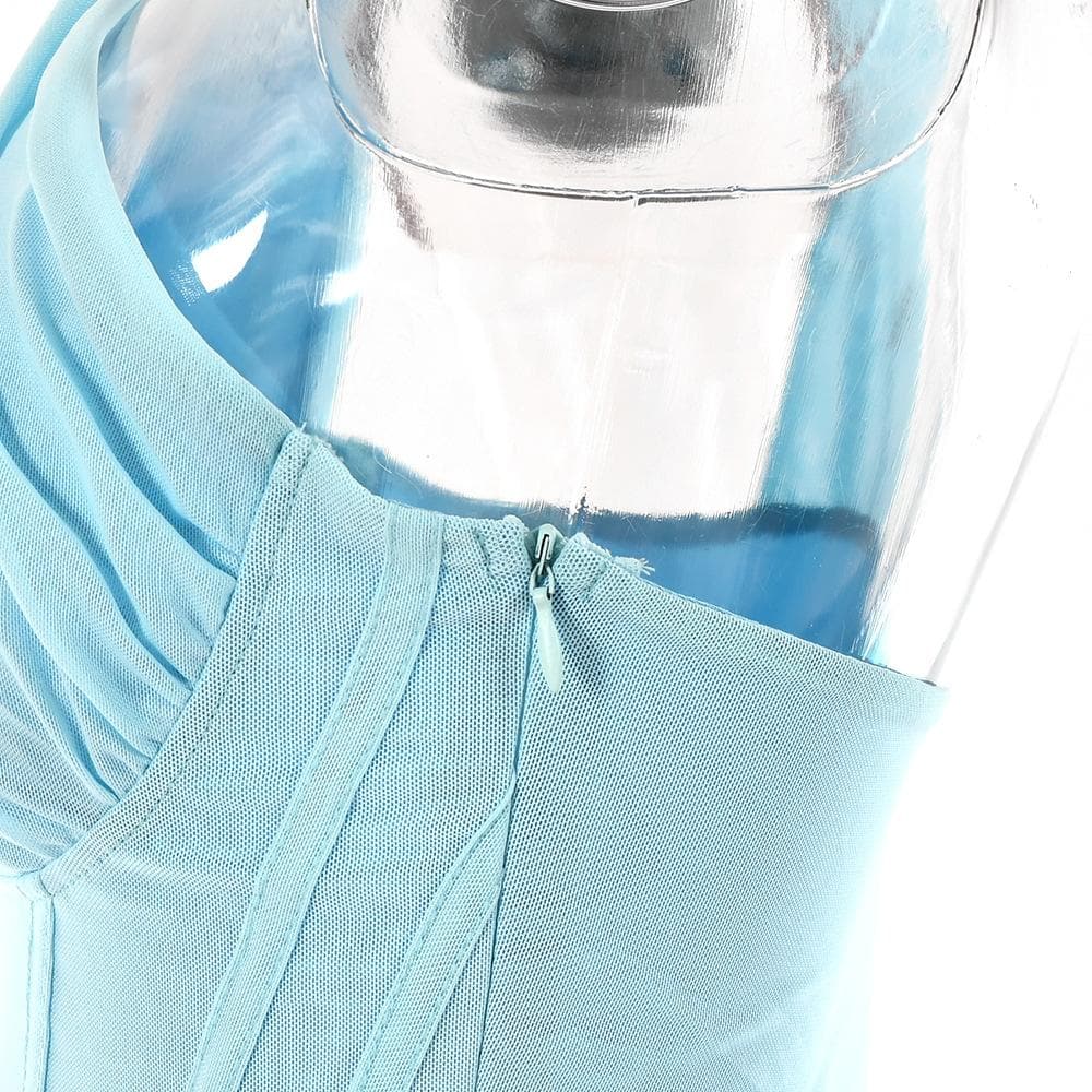 One Shoulder Mesh Ruched Cut Out Bodycon Mini Dress